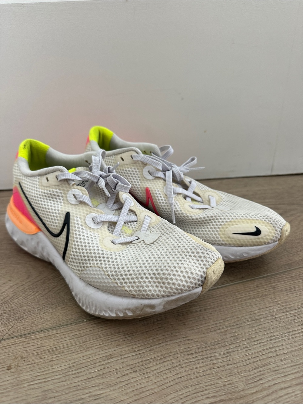 Nike Women's White Mesh Sneakers with Neon Yellow and Coral Accents